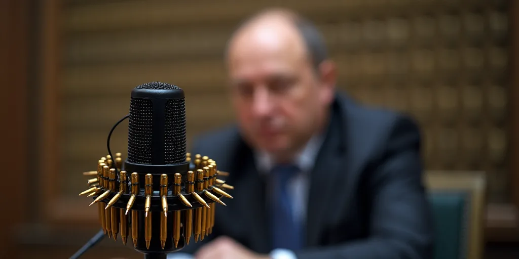 a microphone with a bunch of bullet heads on it's side and a wall of bullet heads on the other side,