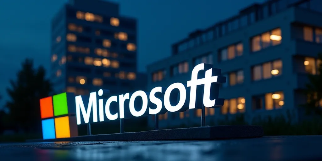 a microsoft logo is lit up in front of a building at night with windows lit up in the background, An