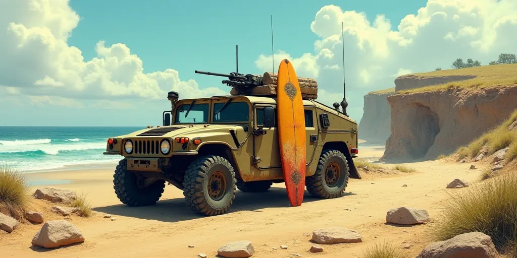 a military vehicle parked on a dirt road near a cliff side with a surfboard on the side of it, Estua