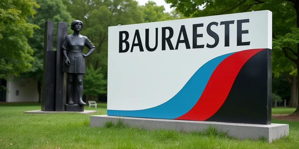 a modern sign with a red and blue stripe on it's side and trees in the background in the background,