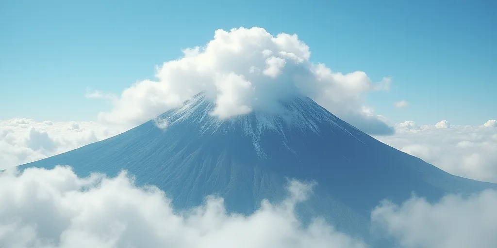 a mountain covered in clouds with a cloud stack in the background and a blue sky with white clouds i