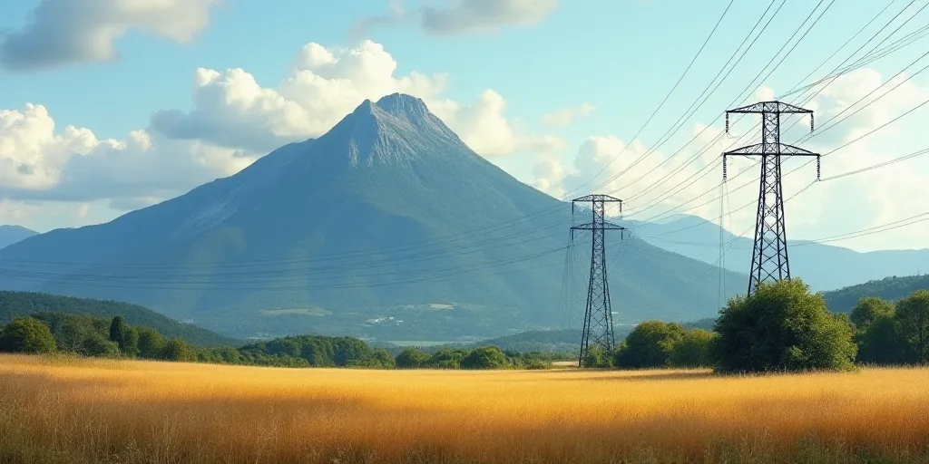 a mountain with a lot of power lines in the foreground and a field with trees in the foreground, Cef