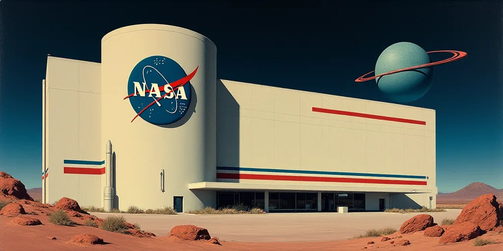 a nasa logo on a building with a red and white stripe on it's side and a blue circle with a red stri