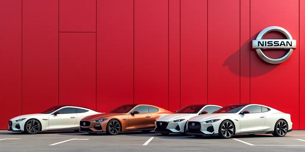 a nissan logo is shown on a red wall next to two white cars in a parking lot with other cars, Ai-Mit