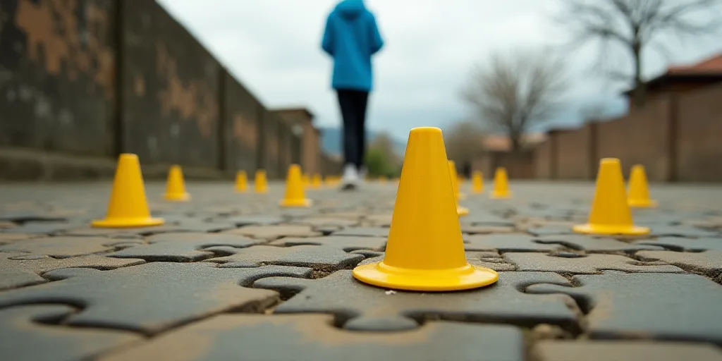 a number of yellow markers are on the ground near a person standing in the distance with a blue jack