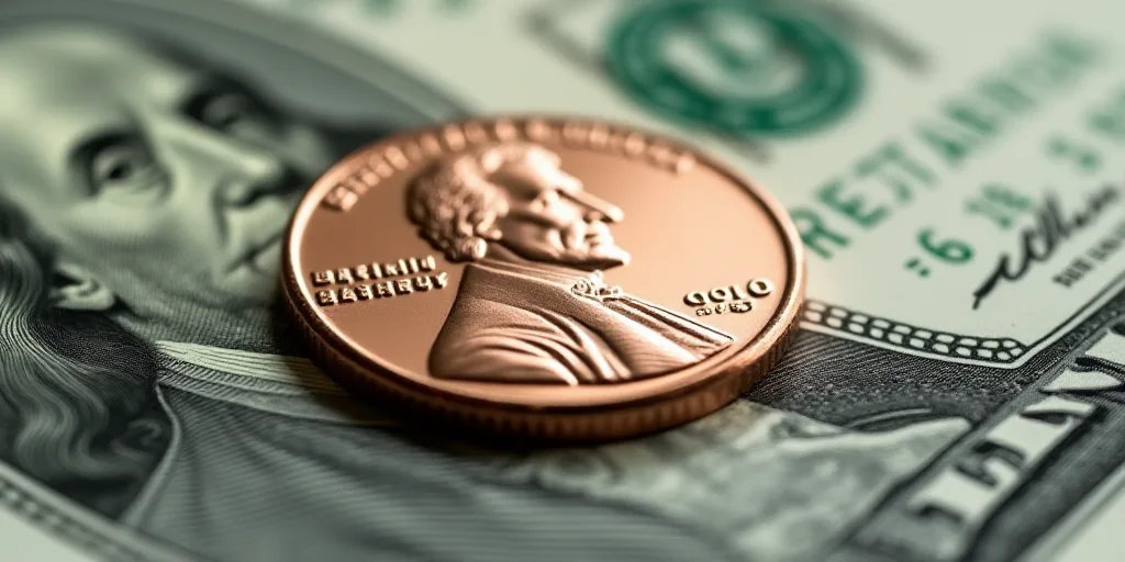 a one dollar bill with a penny on top of it, with the image of george washington on it, Benjamin Fra