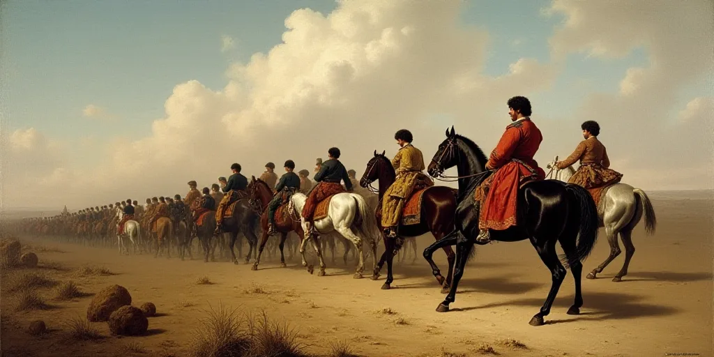 a painting of a battle with men on horseback and men on horses in the background, with a man on hors