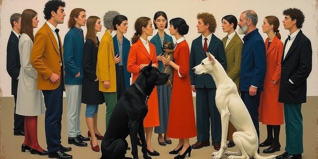 a painting of a group of people and dogs with a dog in front of them and a man holding a dog, Cecily