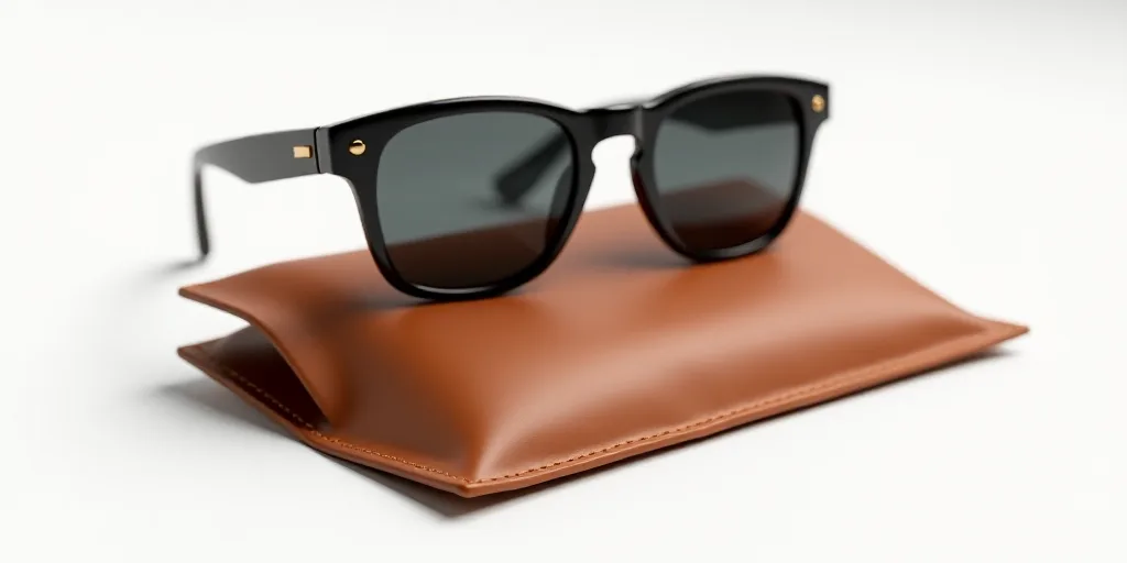 a pair of sunglasses sitting on top of a brown case on a white background with a tan leather pouch,