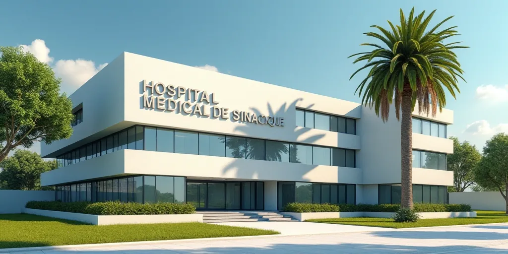 a palm tree is in front of a hospital building sign that says hospital medical de sinalacque, Aníba