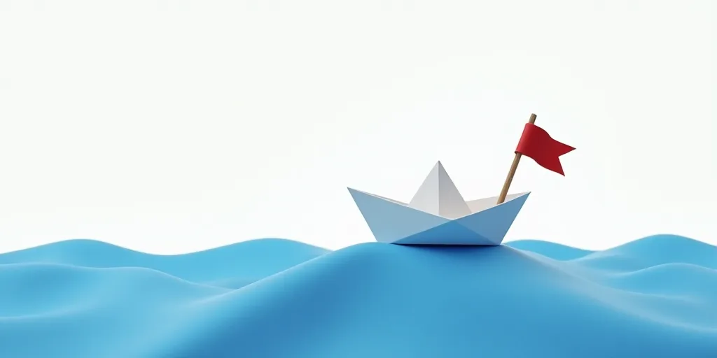 a paper boat and a flag on a blue cloth covered surface with a white sky in the background and a whi