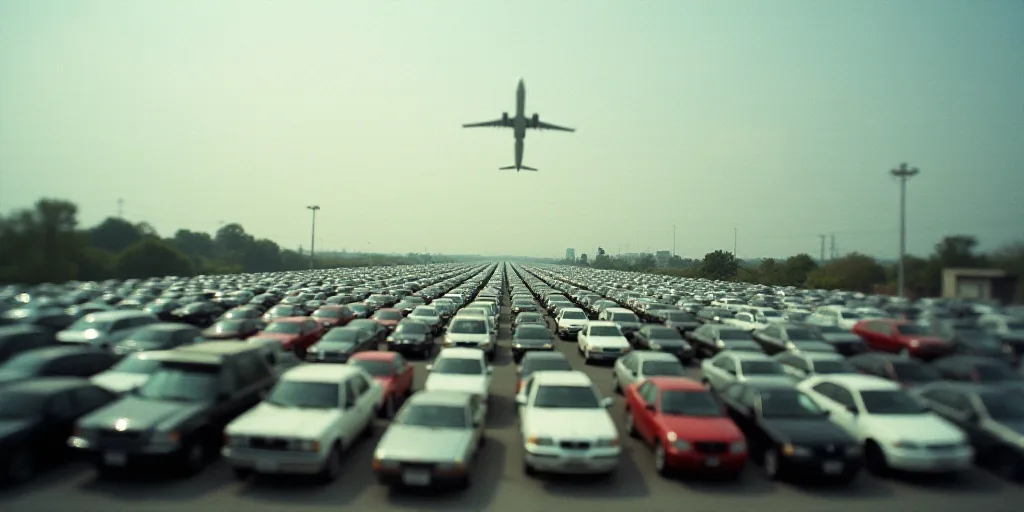 a parking lot filled with lots of parked cars next to each other in a parking lot with a plane flyin
