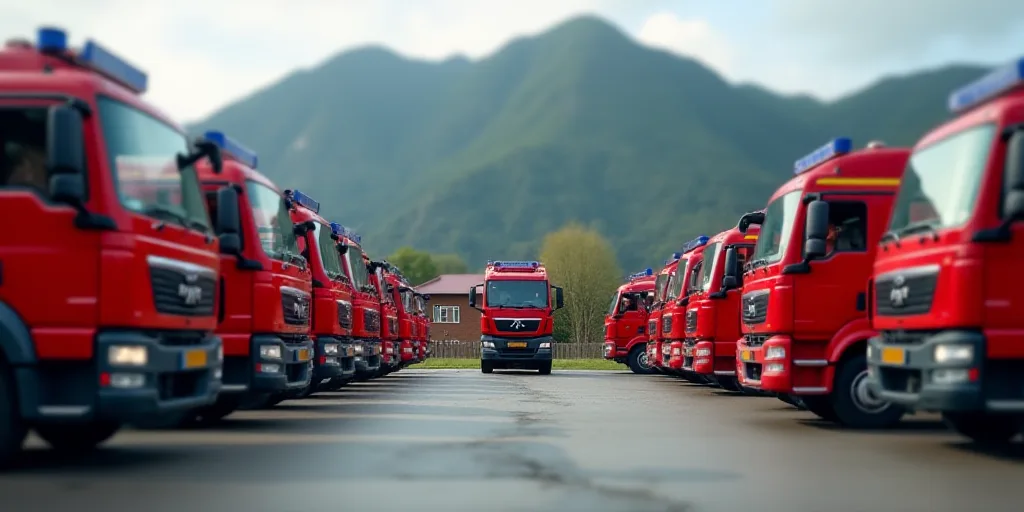 a parking lot full of red fire trucks parked in front of a building with a mountain in the backgroun