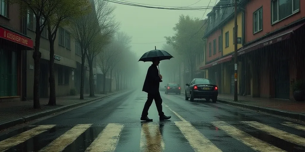 a person crossing a street in the rain with an umbrella over their head and a car parked on the side