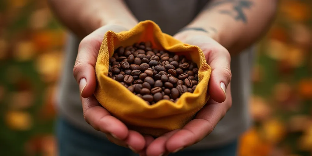 a person holding a bag of coffee beans in their hand and a bag of coffee beans in the other, Ceferí