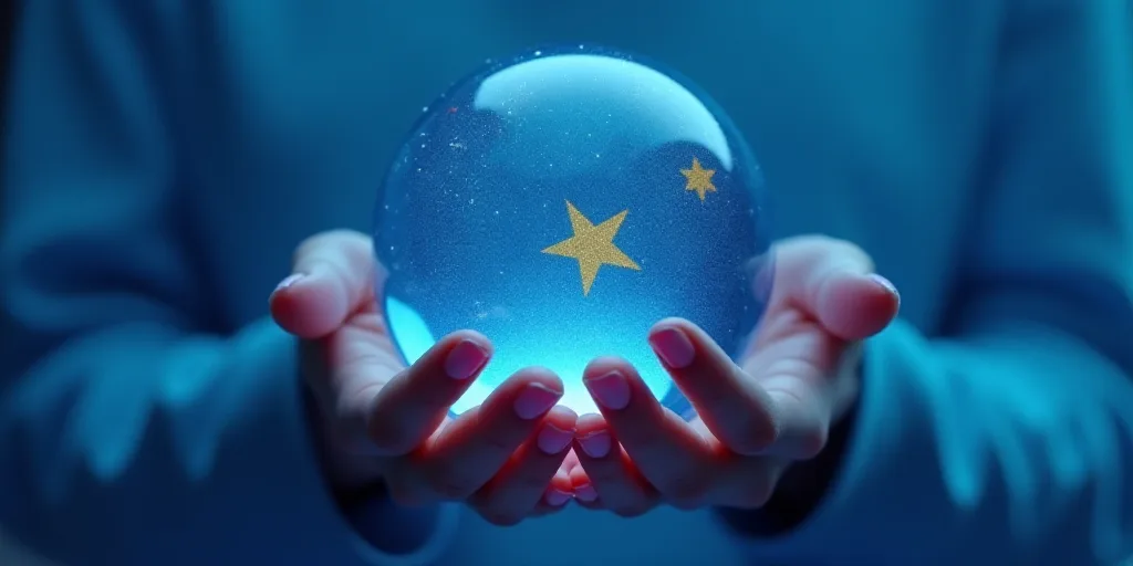 a person holding a blue glass ball with yellow stars on it in their hands, with a blue background, F