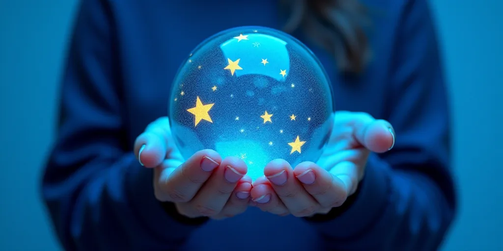 a person holding a blue glass ball with yellow stars on it in their hands, with a blue background, F