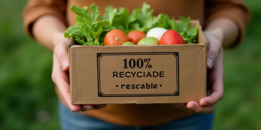a person holding a box of food with a label on it that says 100 % recyclable resable, Eden Box, feat