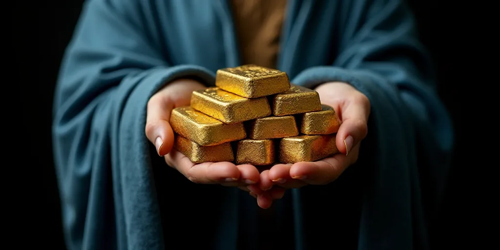 a person holding a bunch of gold bars in their hands and a blue cloth around them, with a black back