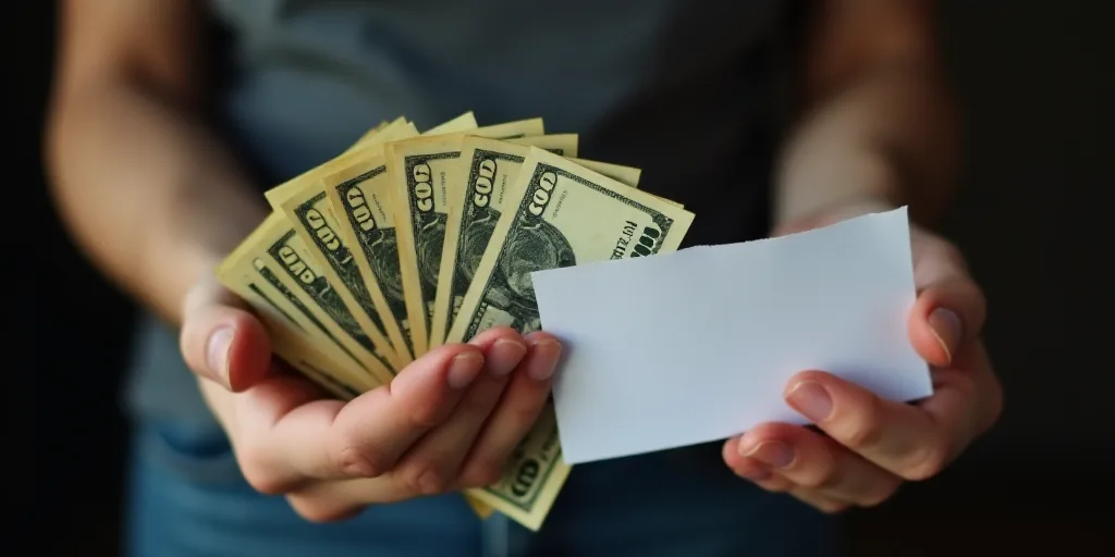 a person holding a bunch of money in their hands with both hands on the money and the other hand hol
