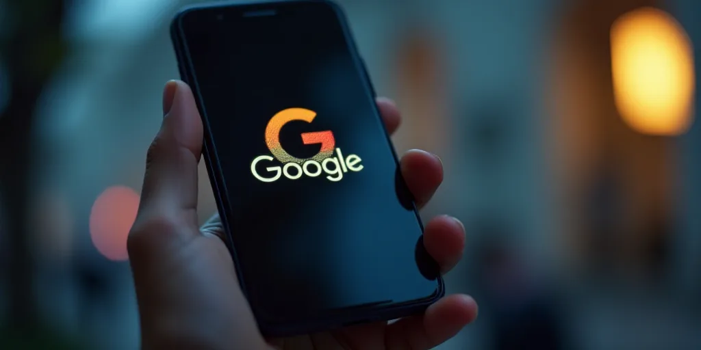 a person holding a cell phone with the google logo on it's screen and a hand touching the screen, Aq
