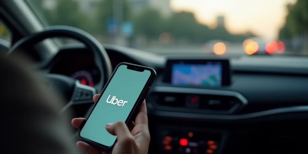 a person holding a cell phone in their hand while driving a car with the word uber on the screen, Cu