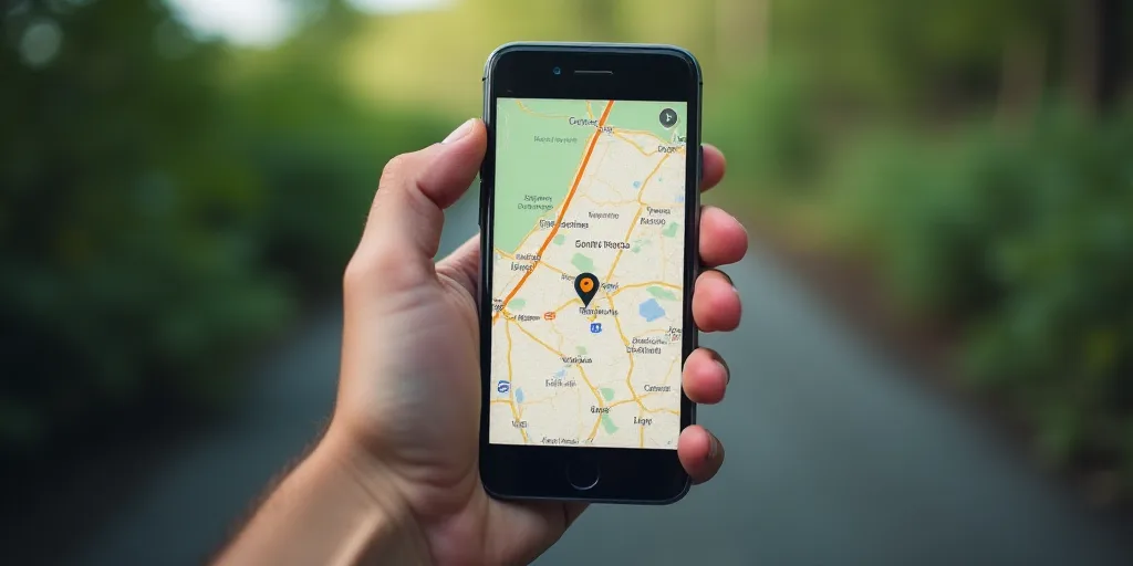 a person holding a cell phone with a map on it's screen and a location pin on the screen, Aquirax Un
