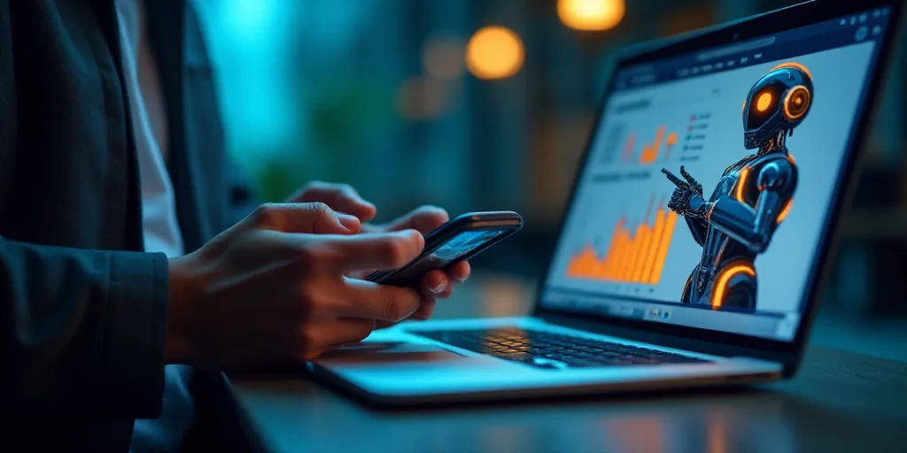 a person holding a cell phone and a laptop computer with a graphic of a person holding a cell phone,