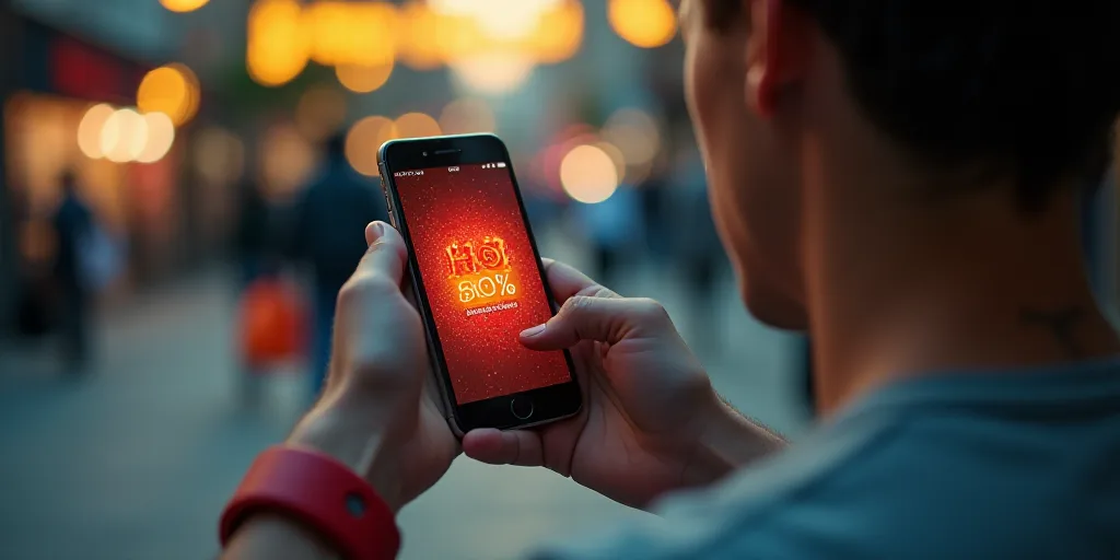 a person holding a cell phone with a hot sale on it's screen and a wristband on their wrist, Andries