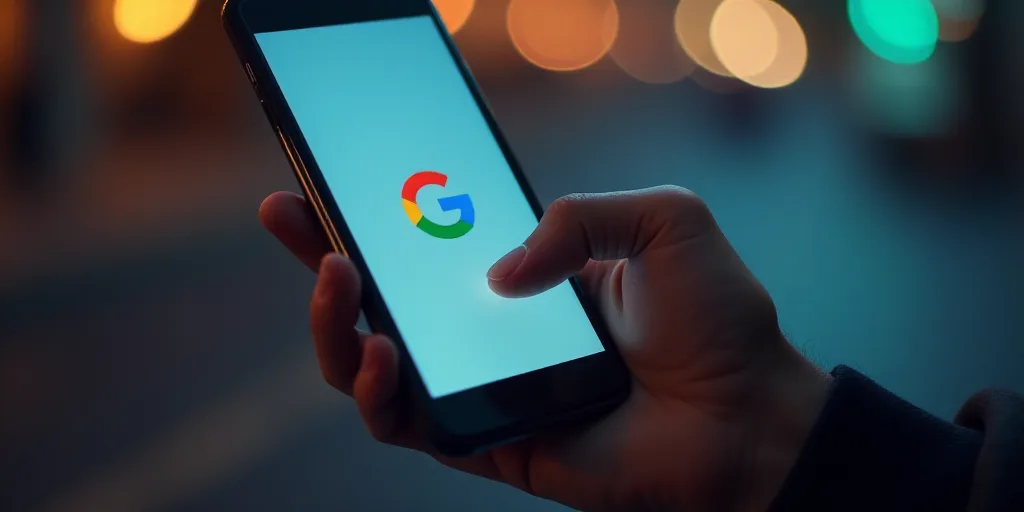 a person holding a cell phone with the google logo on it's screen and a hand touching the screen, Aq