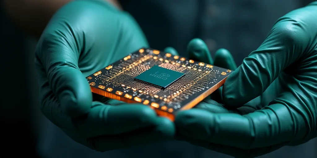 a person holding a computer chip in their hands with gloves on it and a glove on the arm of the chip