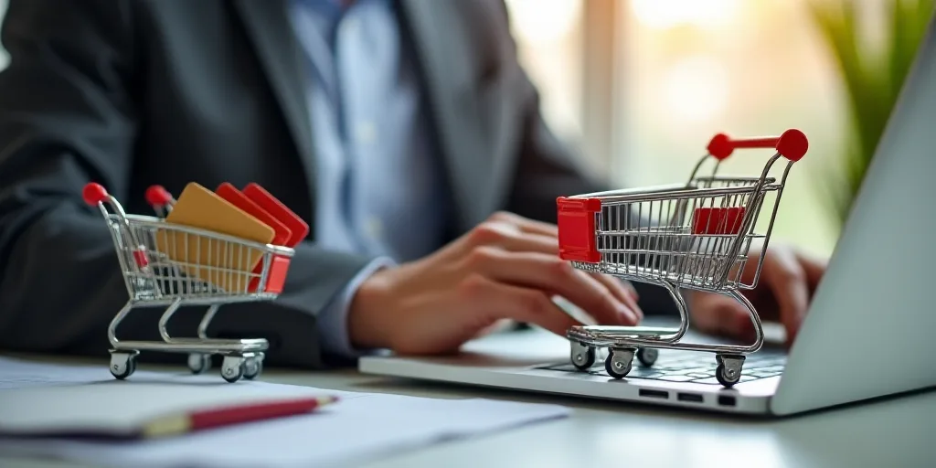 a person holding a credit card while using a laptop computer on a table with a shopping cart and a s