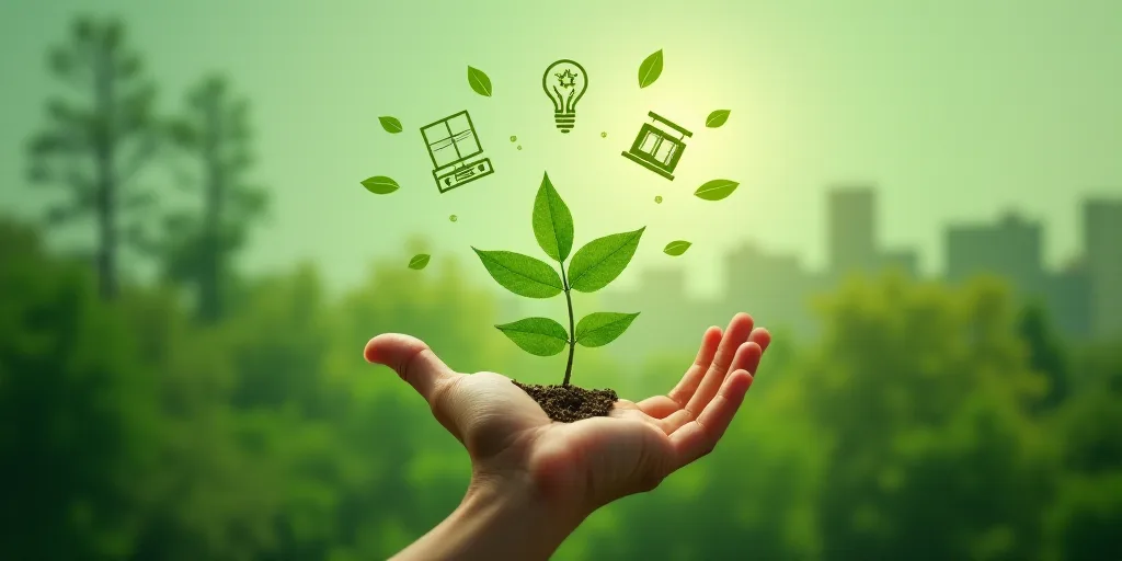 a person holding a green plant with icons above it and a green background with trees and buildings i