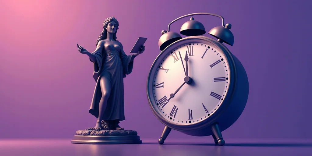 a person holding a large clock in front of a purple background with a statue of a lady holding a map