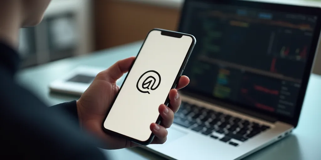 a person holding a phone with a logo on it next to a laptop computer and a keyboard on a desk, Aquir