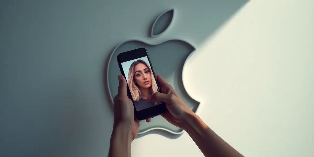 a person holding a phone with a picture of a character on it in front of an apple logo and a shadow,