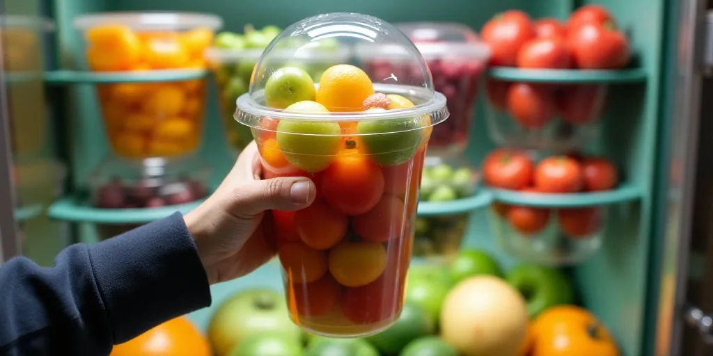 a person holding a plastic cup filled with fruit and vegetables in a store display case with other p