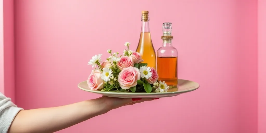 a person holding a plate with flowers and bottles on it and a pink background with a pink border aro