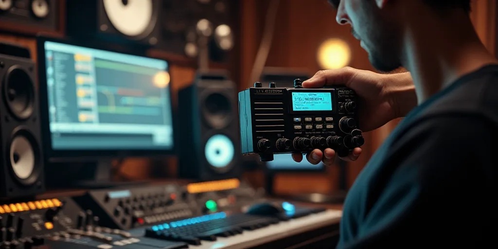 a person holding a radio in front of a control panel with other equipment in the background and a pe