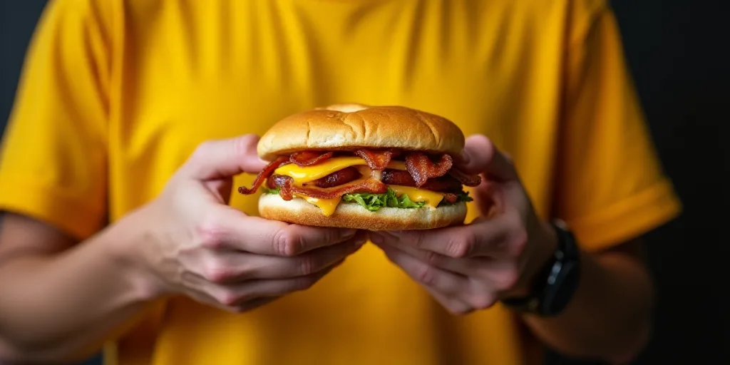 a person holding a sandwich with bacon and cheese on it in their hand, with a yellow shirt on, Chipp