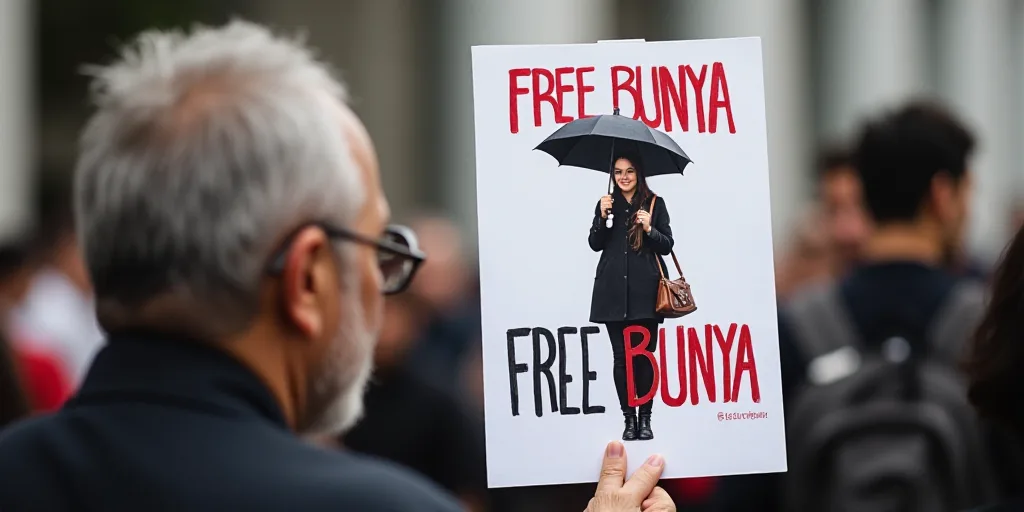 a person holding a sign with a picture of a woman holding an umbrella and a sign that says free buny