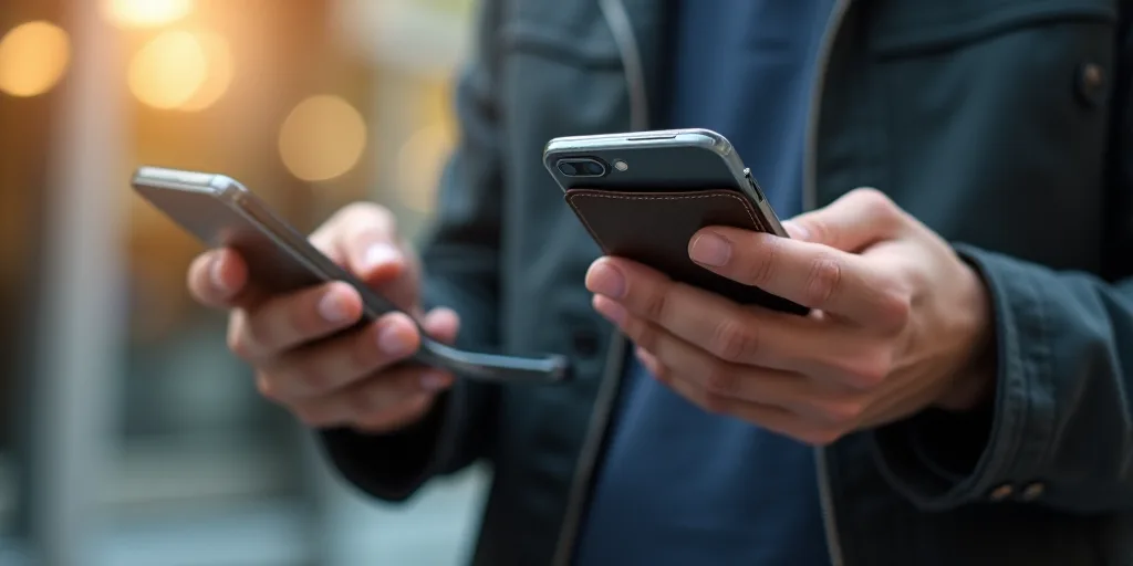 a person holding a smart phone with a wallet in their hand and a credit card in their other hand, An