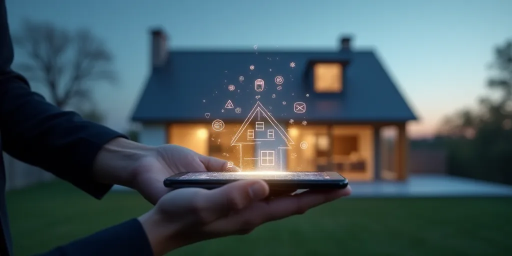 a person holding a smart phone in front of a house with icons coming out of it and a house on the sc