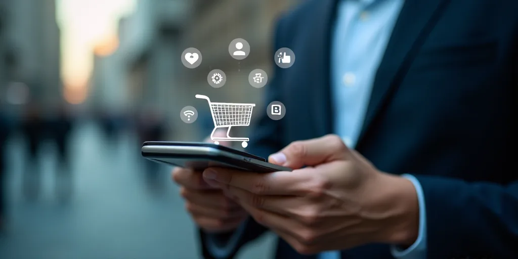 a person holding a smart phone with a shopping cart on it's screen and icons coming out of it, Andri