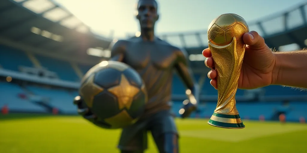 a person holding a soccer ball in their hand with a gold trophy in their hand on a field of a stadiu
