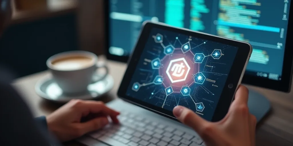 a person holding a tablet with a logo on it and a cup of coffee in front of a computer screen, Carpo