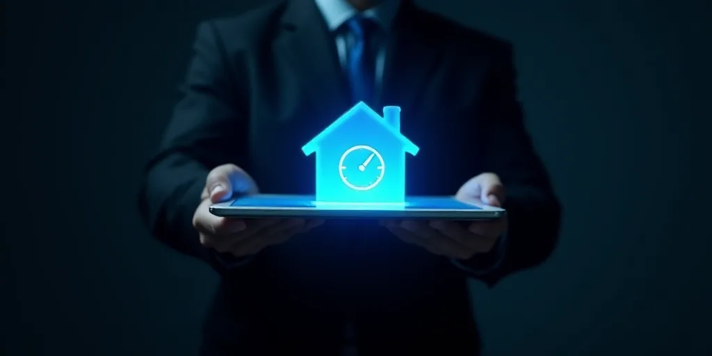 a person holding a tablet with a blue icon of a house and a clock on it in front of a dark backgroun
