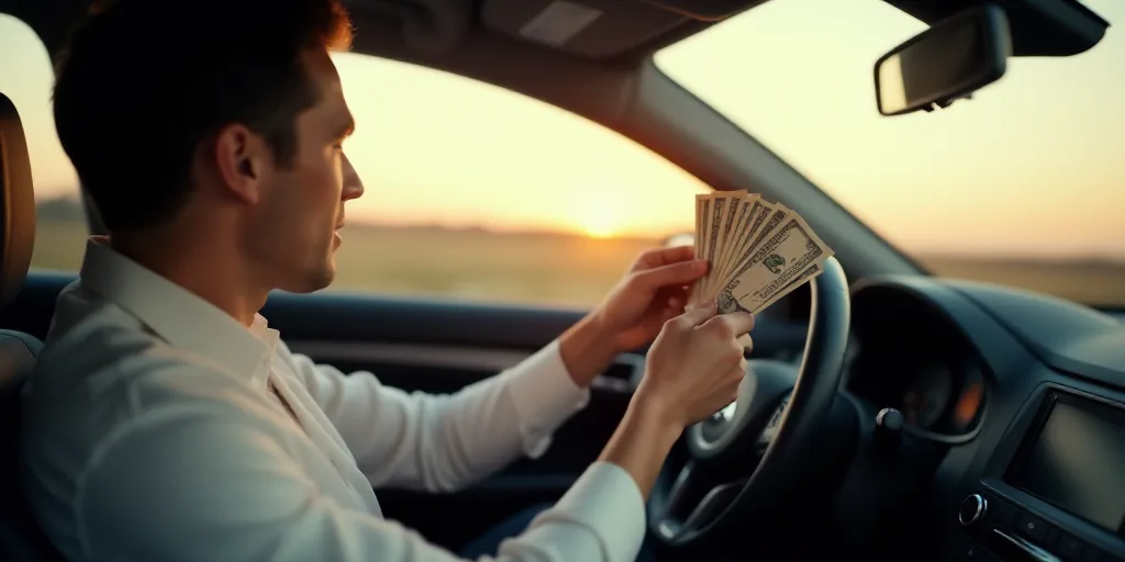 a person holding a ticket and a person holding a fan of money in their hand while sitting in a car,