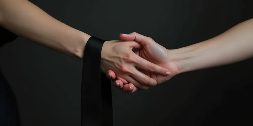 a person holding their hands together with a black ribbon on it's wrist and a black background with