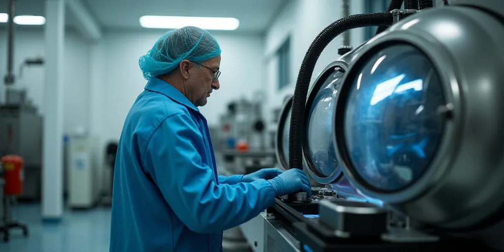 a person in a blue coat and a machine with a glass top on it and a hose in front of it, Dahlov Ipcar